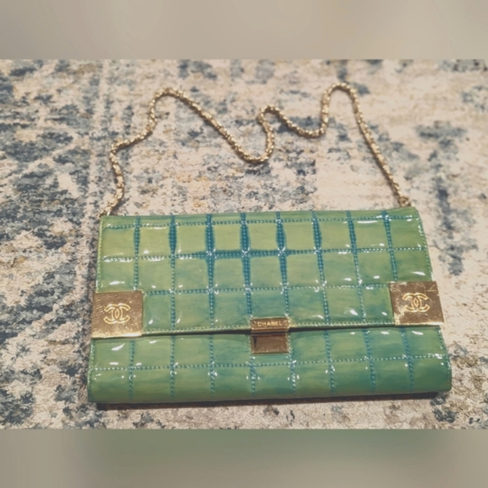 Chanel clutch on a chain green blue patent leather water color bag gold hardware